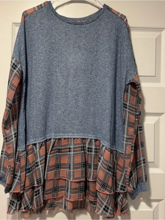Umgee Blue Knit Top with Brown Plaid Ruffle Details - Picture 2 of 10